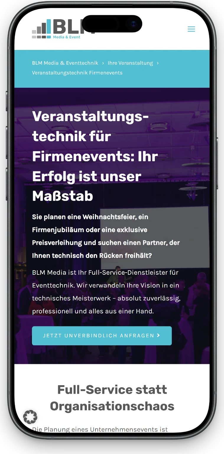 Die Formatseite für Firmenevents auf dem Handy