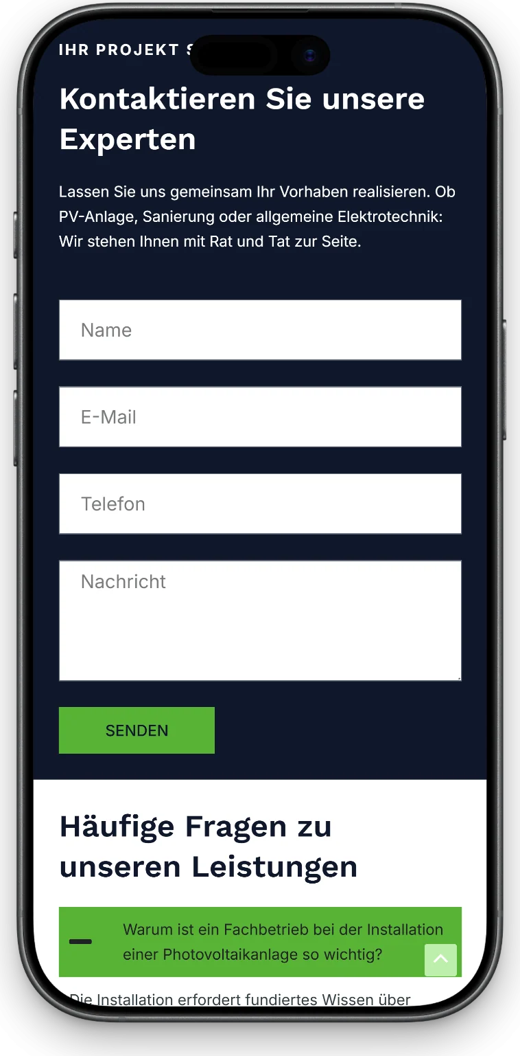 Photovoltaik-Betrieb - Kontaktformular und häufige Fragen auf dem Handy