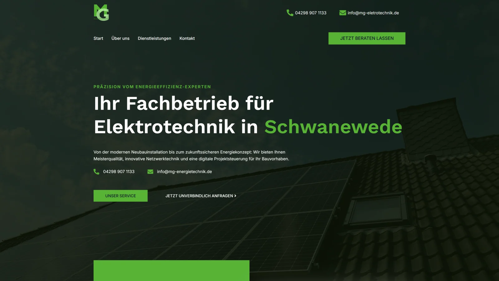 Website für einen Elektrobetrieb - Leistungsübersicht von MG-Energietechnik aus Lilienthal, umgesetzt von besser brinkmann