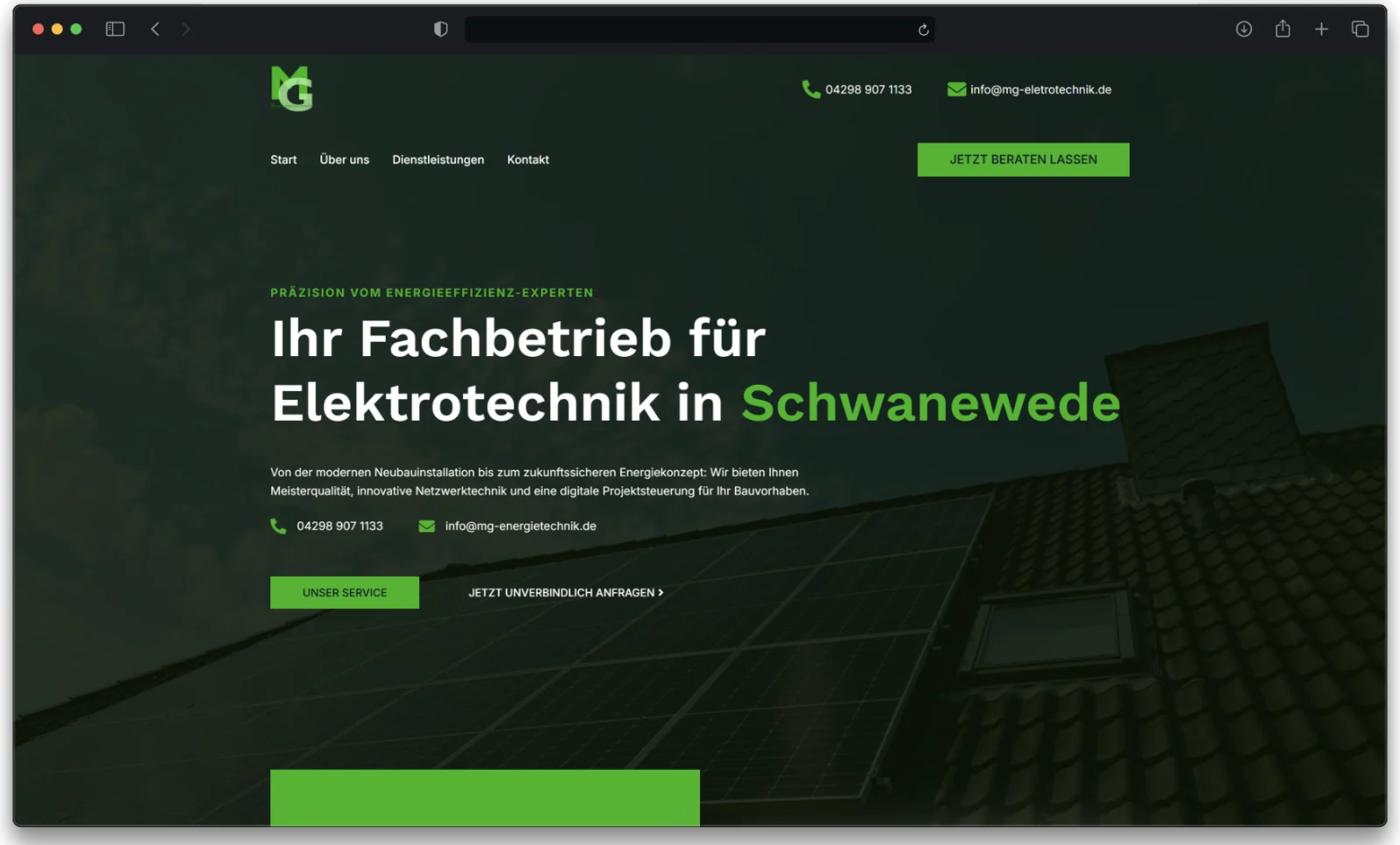 Website für einen Elektrobetrieb - Startseite von MG-Energietechnik am Rechner, die Ortsangabe wechselt durch das Einzugsgebiet