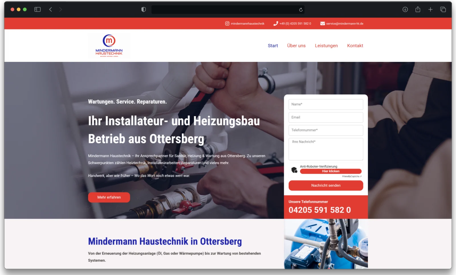 Lokales SEO im Handwerk - Startseite von Mindermann Haustechnik am Rechner mit Anfrageformular neben der Überschrift