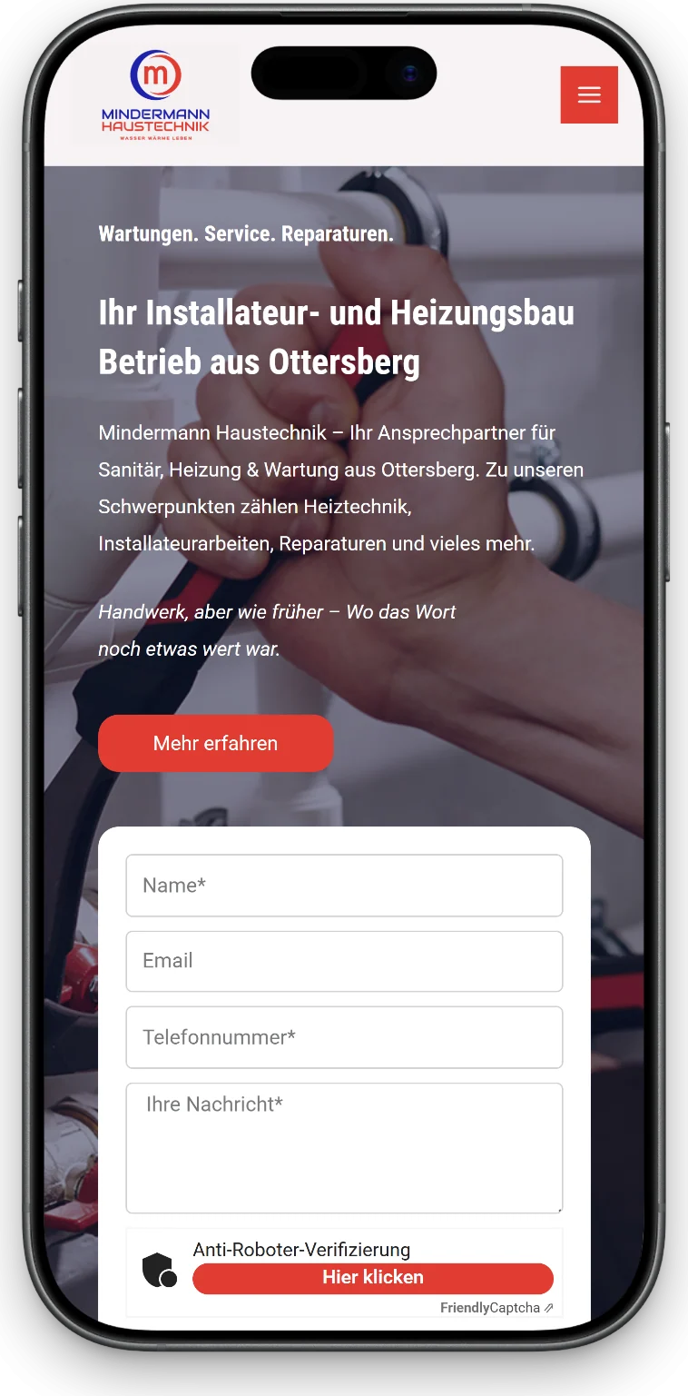 Website für einen Heizungsbauer aus Ottersberg - Startseite auf dem Handy mit Anfrageformular