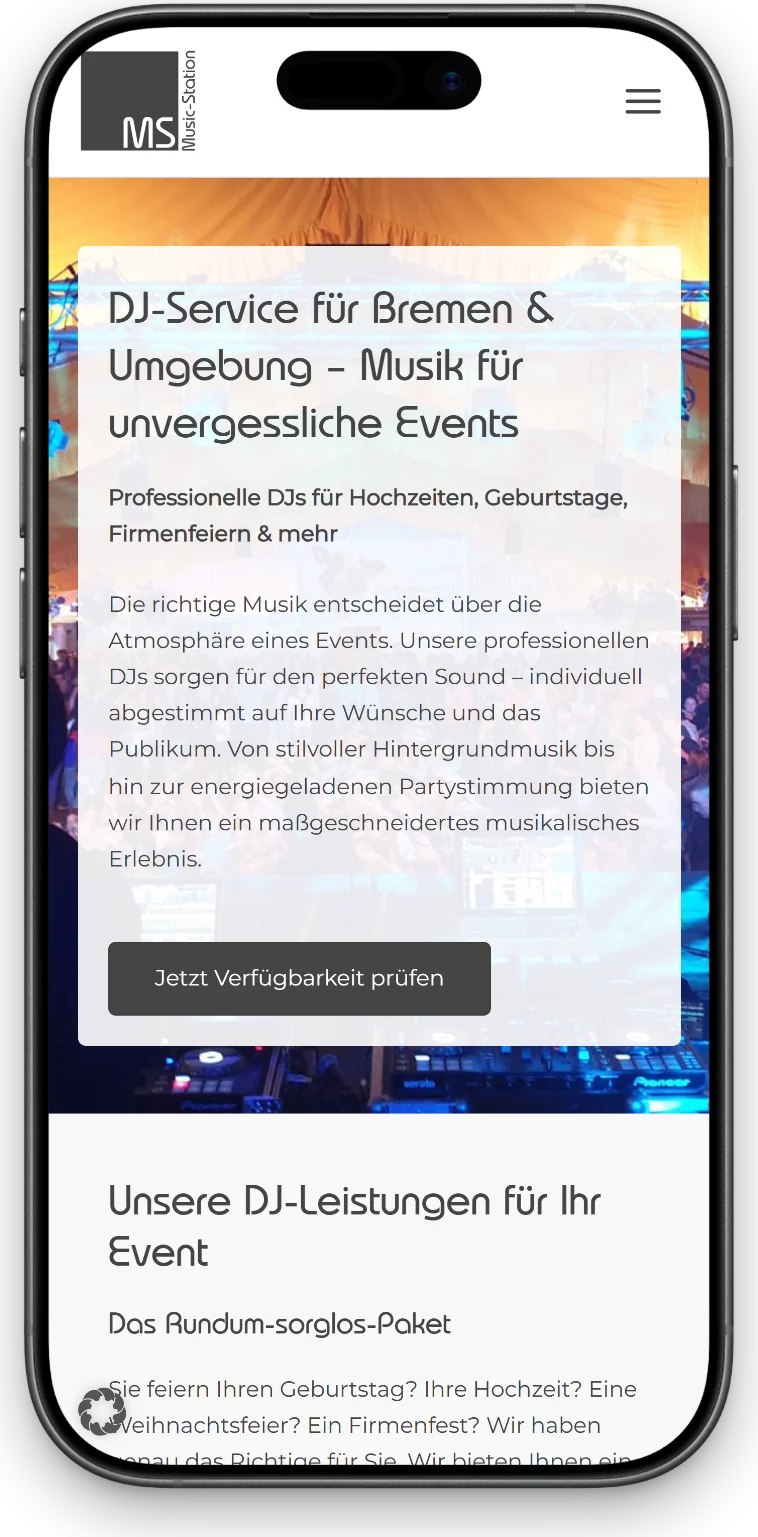 Die Seite zum DJ-Service auf dem Handy mit Verfügbarkeitsanfrage