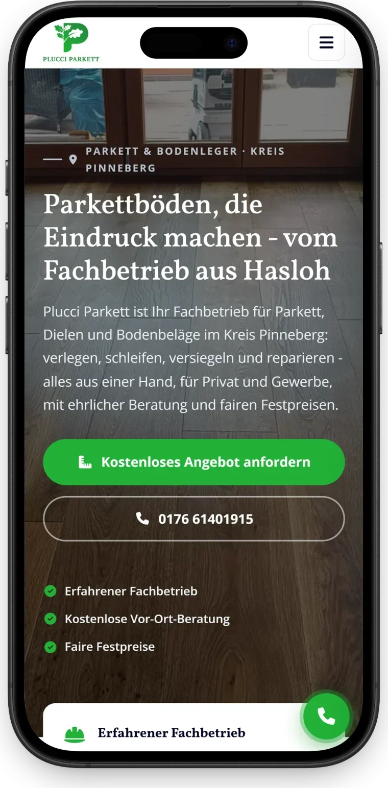 Parkett-Fachbetrieb aus Hasloh - dieselbe Startseite auf dem Handy mit Anrufknopf