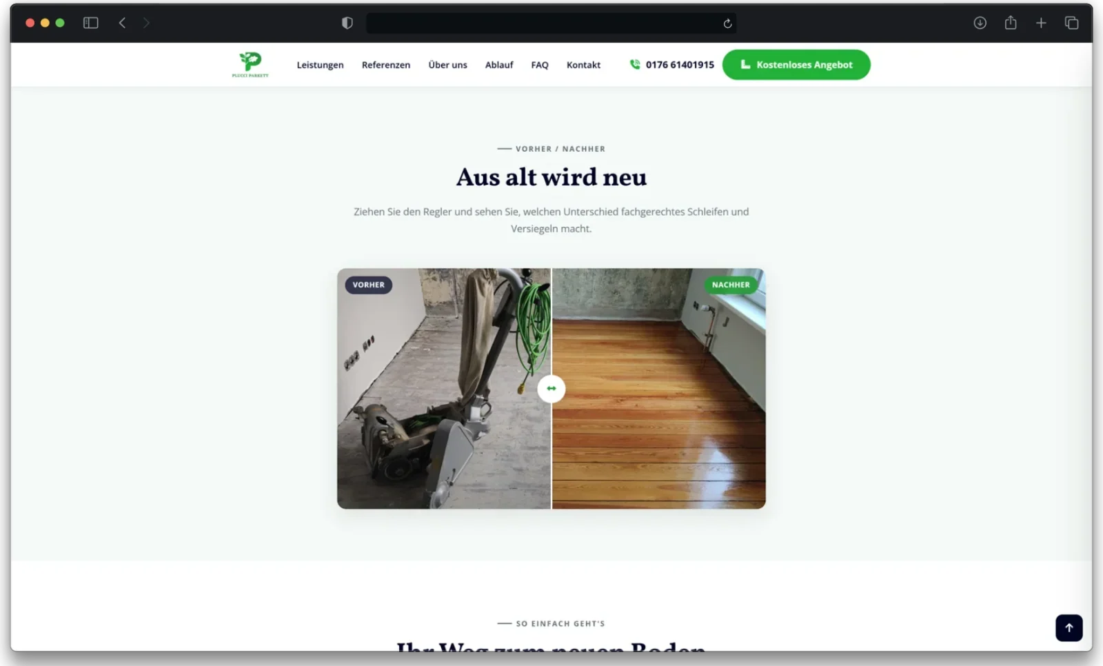 Parkett schleifen und versiegeln - Vorher-Nachher-Vergleich auf der Website am Rechner
