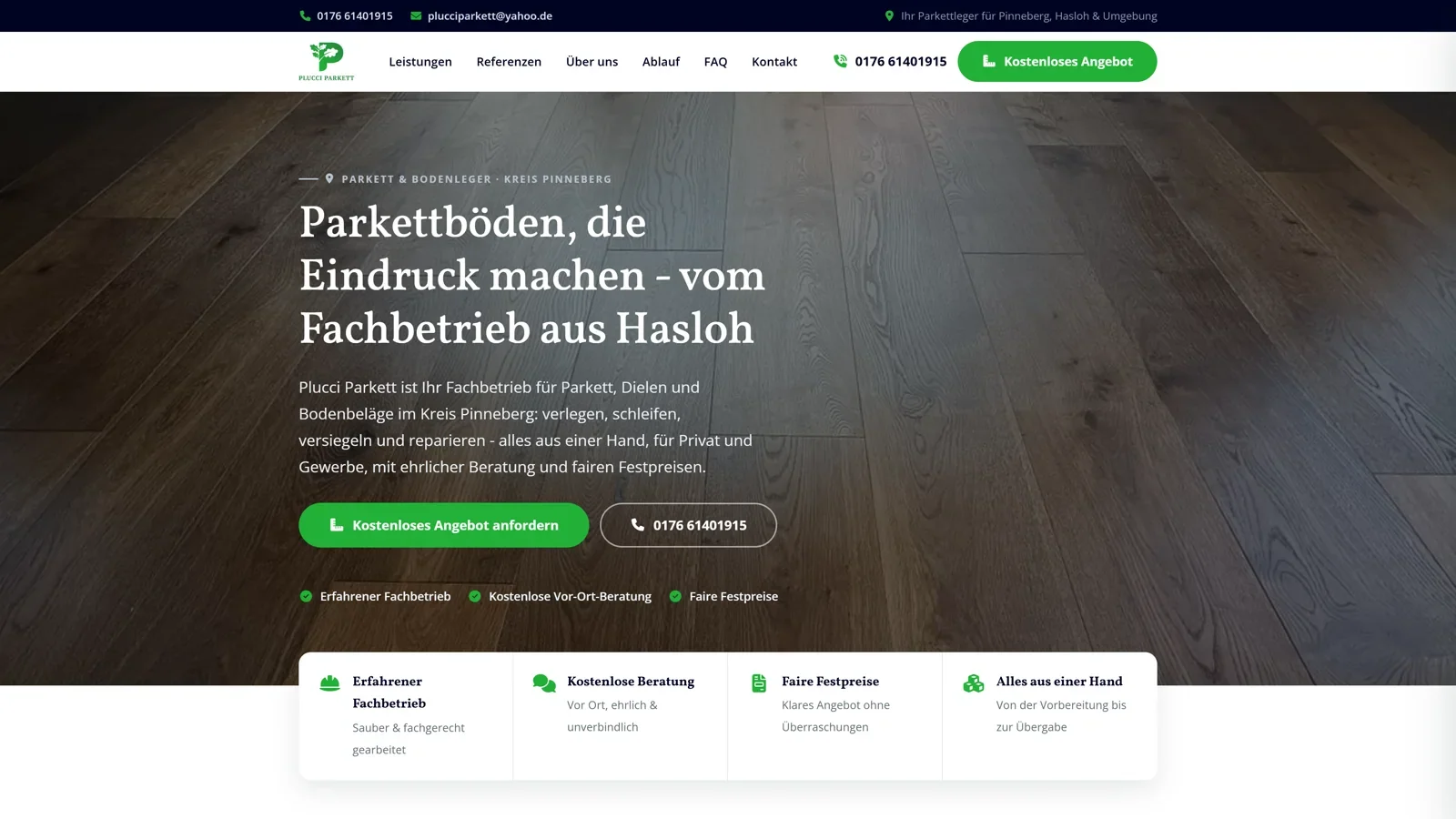 Website für einen Parkettleger - Startseite von Plucci Parkett aus Hasloh, umgesetzt von besser brinkmann