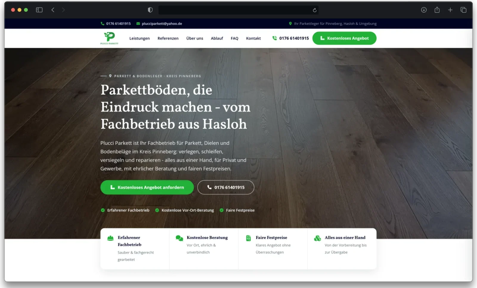 Website Parkettleger Plucci Parkett - Startseite am Rechner mit Angebotsknopf und Telefonnummer im Kopfbereich